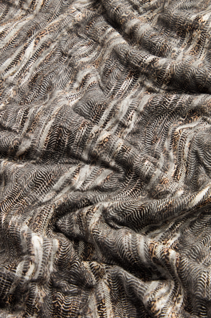 Close-up of the Abstract Ripple Jersey Bubble Dress, showcasing wavy, textured jersey fabric in black, white, and brown with small dotted and striped patterns.