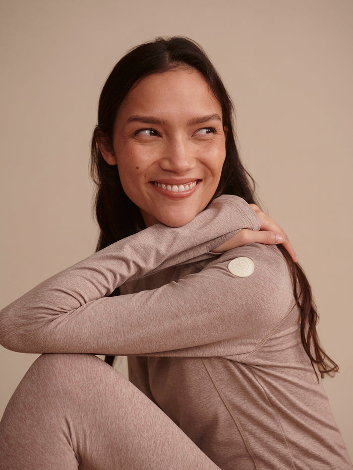Taupe Marl|Varley Always Warm Baselayer Top Taupe Marl, front-view image of a long-sleeve baselayer in taupe marl fabric.