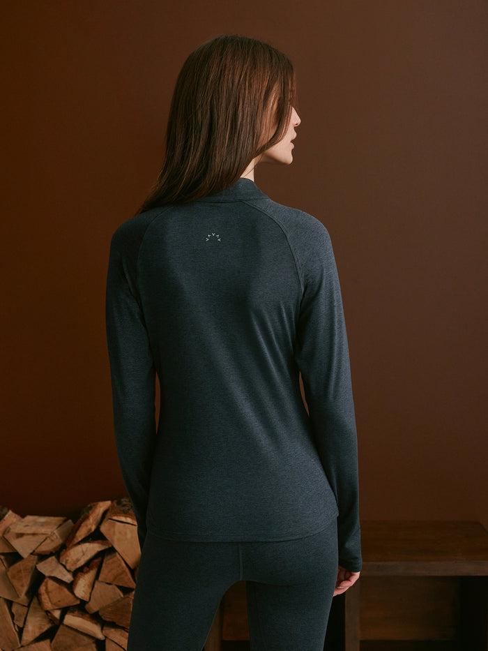 Black Marl|Always Warm Half Zip Baselayer in Black Marl, front view of the base-layer top with a half-zip neckline and long sleeves.