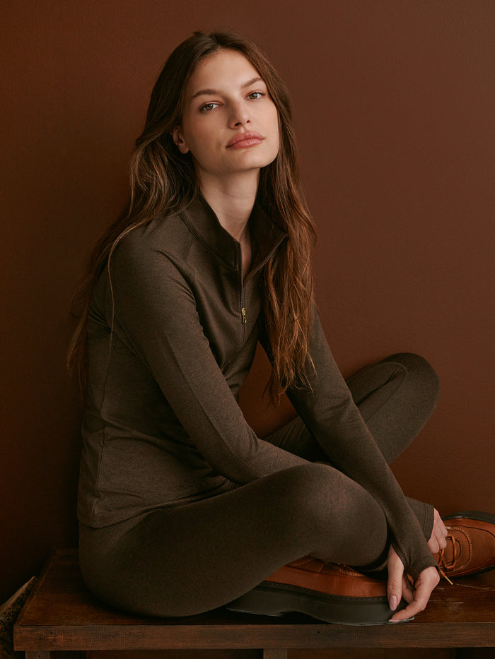 Deep Chocolate Marl|Always Warm Half Zip Baselayer in Deep Chocolate Marl, a long-sleeve thermal top with a half-zip.