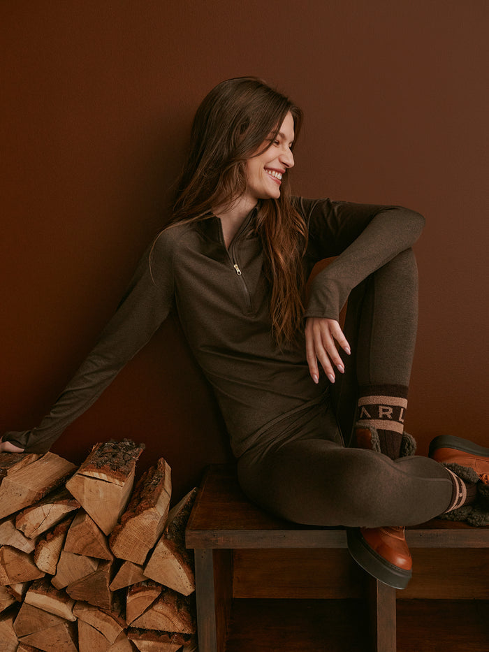 Deep Chocolate Marl|Always Warm Half Zip Baselayer in Deep Chocolate Marl, front view with long sleeves and a half-zip neckline, soft marl fabric.