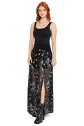 Sheer black maxi skirt with celestial constellation embroidery, featuring stars, moons and a front slit