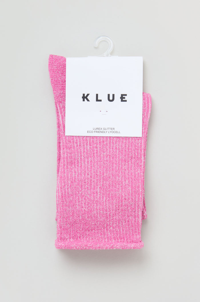 Bamboo Sparkle Fuchsia Socks: Pink shimmer socks with a glittery ribbed texture, packaged with a white "KLUE" label and displayed on a plastic hook.