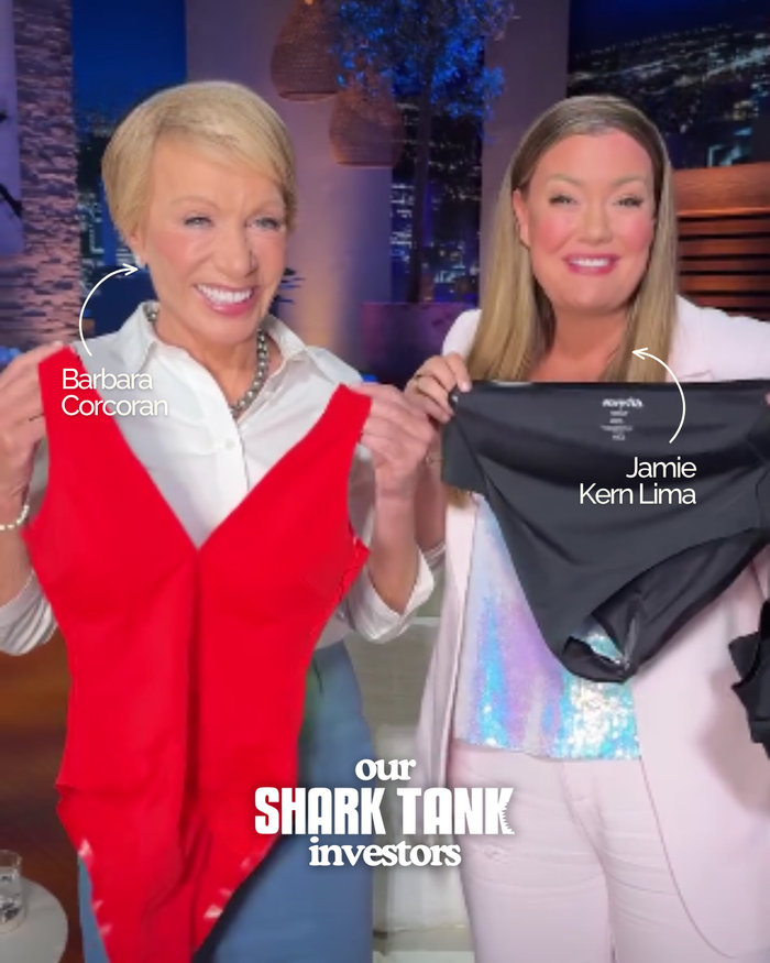 Barbara Corcoran and Jamie Kern Lima holding up red and black onewith swimsuits with 'our Shark Tank investors' text.