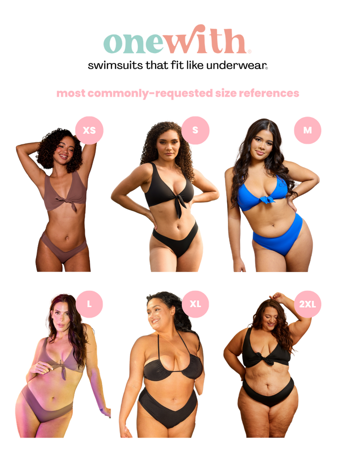 Six swimwear models represent commonly requested sizes XS, S, M, L, XL, and 2XL