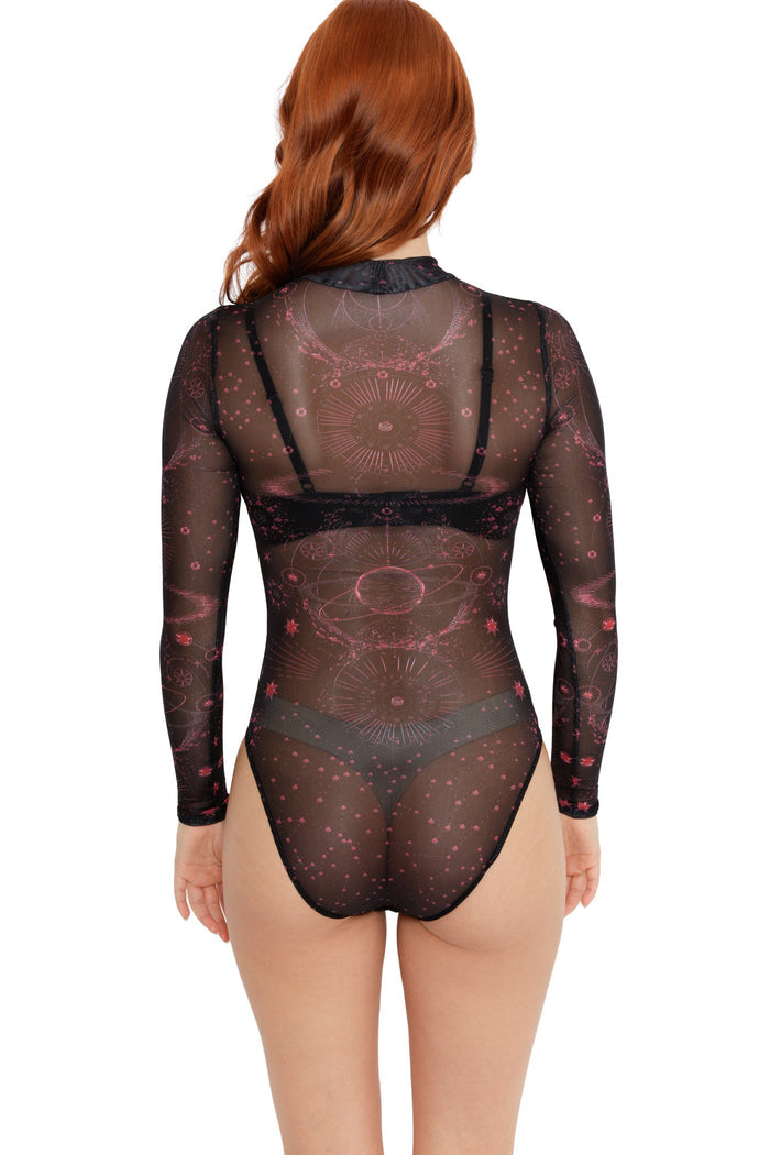 Black mesh celestial top with red planetary symbols and constellation-inspired detailing