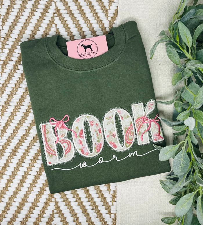 BOOK WORM APPLIQUE Custom Embroidered T-shirt or Sweatshirt