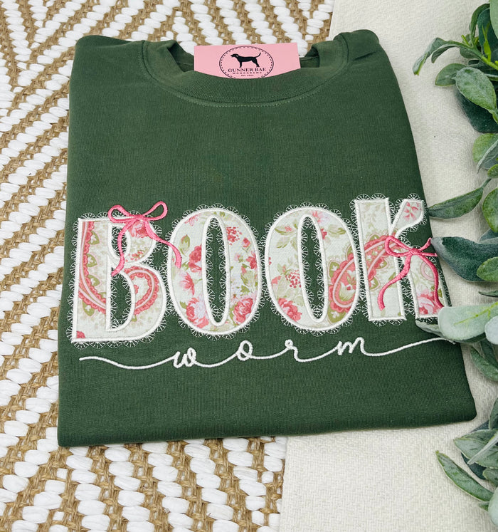 BOOK WORM APPLIQUE Custom Embroidered T-shirt or Sweatshirt