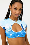 Bree Terry Crop Top with Key Hole Cutout Blue Tides