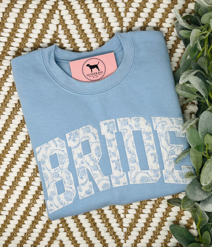 BRIDE BLUE FLORAL Custom Applique Embroidered T-shirt or Sweatshirt