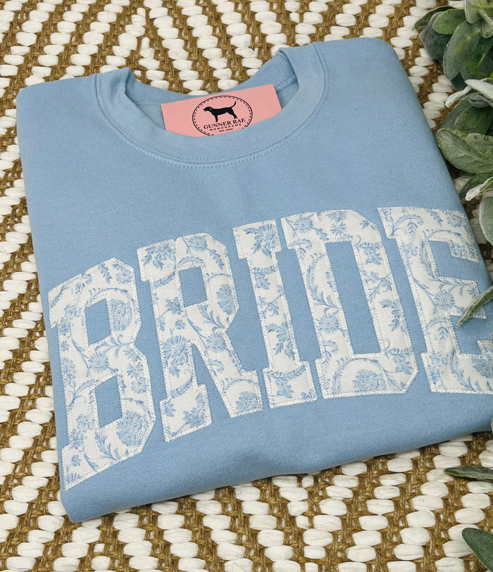 BRIDE BLUE FLORAL Custom Applique Embroidered T-shirt or Sweatshirt