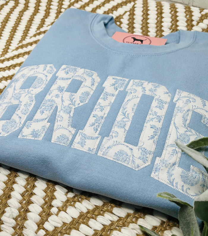 BRIDE BLUE FLORAL Custom Applique Embroidered T-shirt or Sweatshirt
