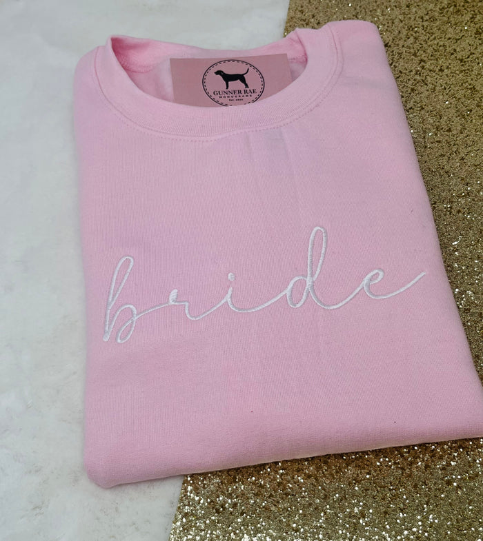 BRIDE Custom Embroidered T-shirt or Sweatshirt SCRIPT FONT