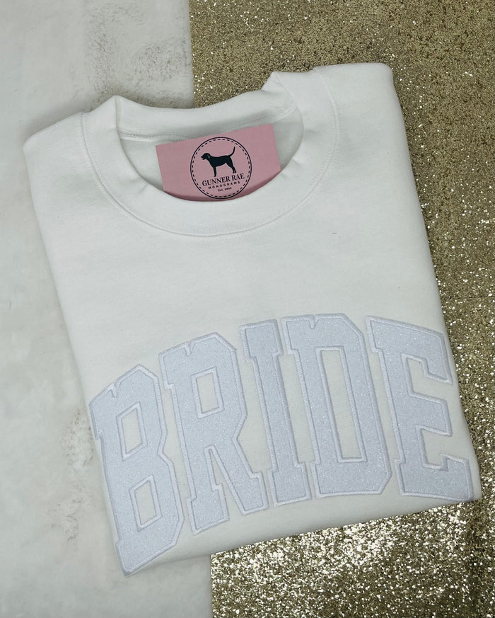 BRIDE WHITE GLITTER Custom Applique Embroidered T-shirt or Sweatshirt