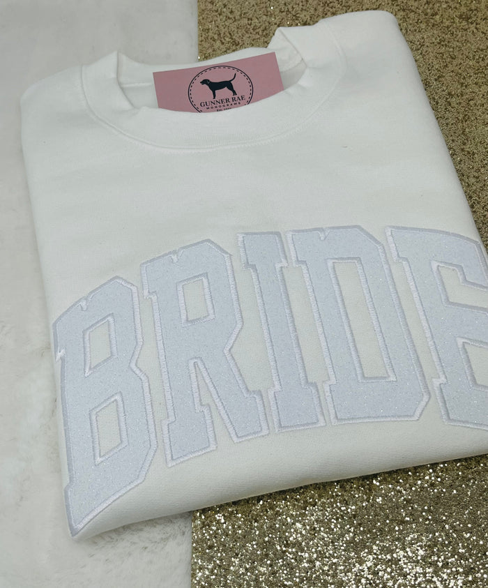 BRIDE WHITE GLITTER Custom Applique Embroidered T-shirt or Sweatshirt