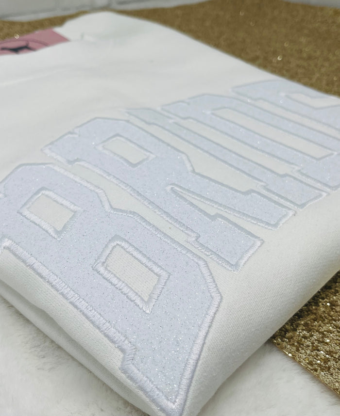 BRIDE WHITE GLITTER Custom Applique Embroidered T-shirt or Sweatshirt