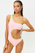 Cash Summer Melon Terry Cut Out One Shoulder One Piece