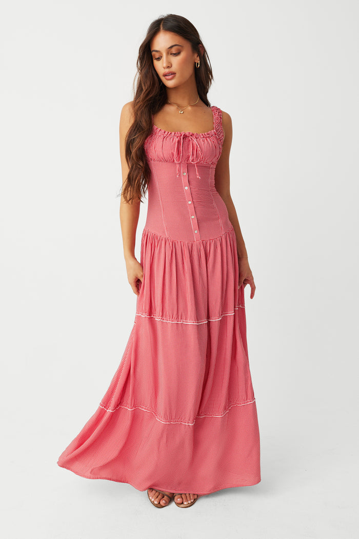 Christabelle Ruffle Maxi Dress Ladybug Gingham