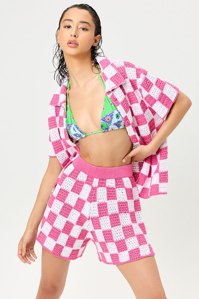 Coco Crochet Pink Checker Button Up Shirt
