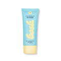 Light-blue sunscreen tube with yellow cap labeled 'bask' in cursive script