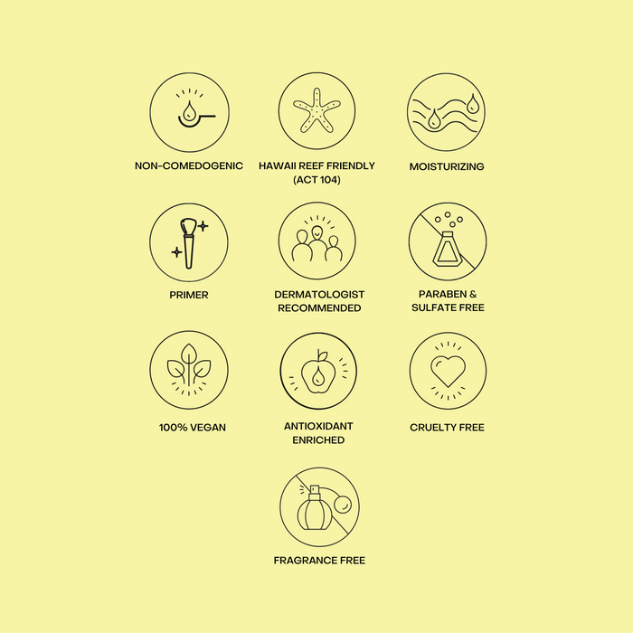 Sunscreen benefits: non-comedogenic, reef friendly, moisturizing, primer, dermatologist recommended, vegan, and fragrance free
