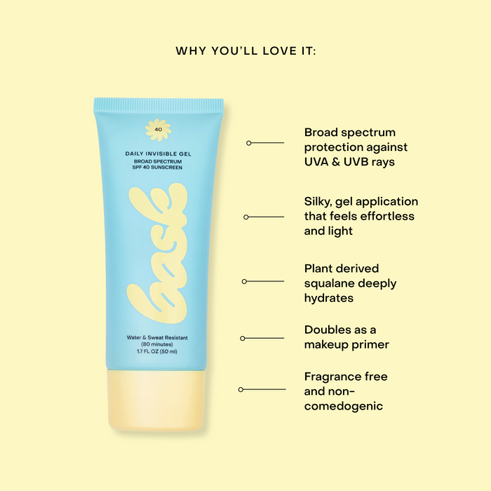 Why you will love it: Bask SPF 40 gel offers UVA and UVB protection, hydration, primer use, and fragrance-free formula