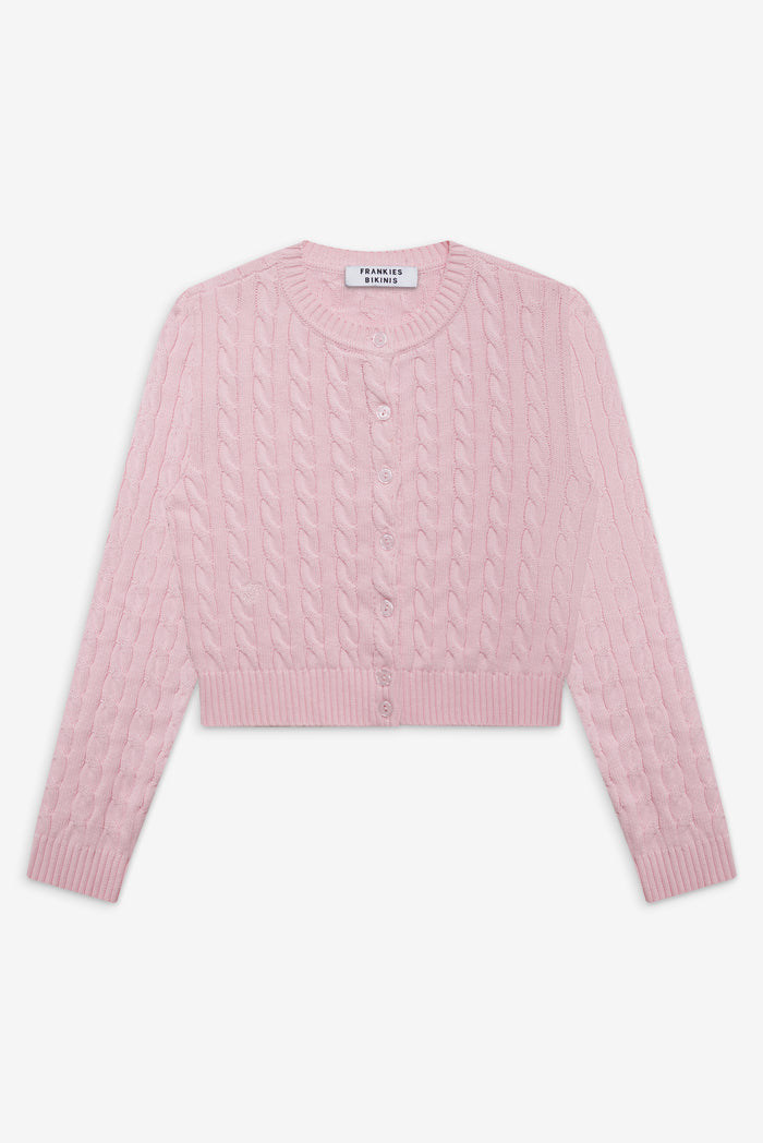 Dudley cable knit button up cardigan cozy pink
