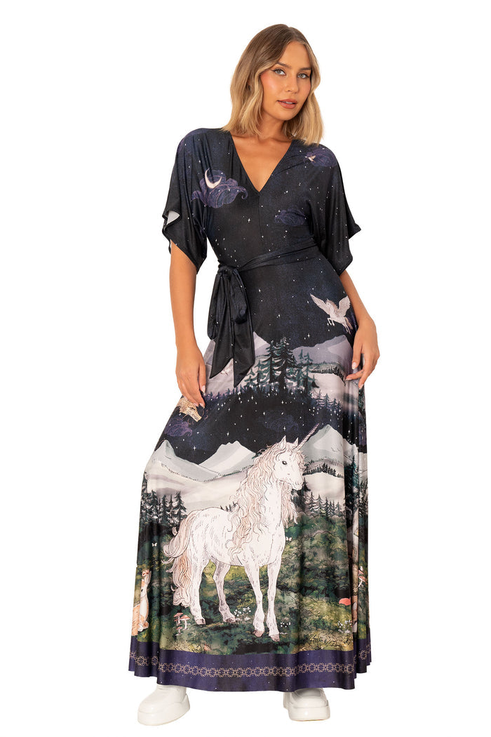 Enchanted Kimono Maxi Dress front full length view showing wrap style maxi dress with unicorn print, kimono sleeves and fantasy landscape artwork