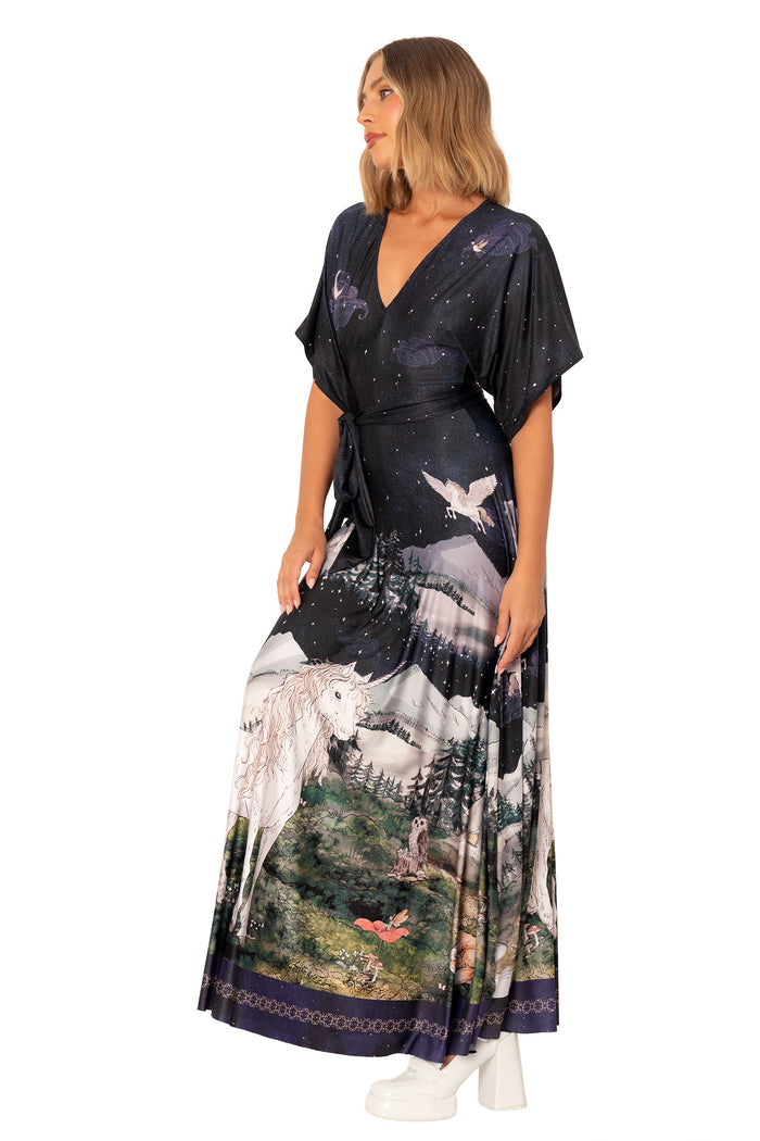 Front full image of Enchanted Kimono Maxi Dress with deep v neckline, kimono sleeves and detailed fantasy forest print