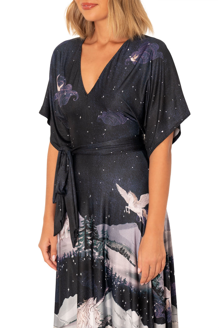Wrap maxi dress with kimono sleeves, waist tie and unicorn artwork set against a starry fantasy landscape print
