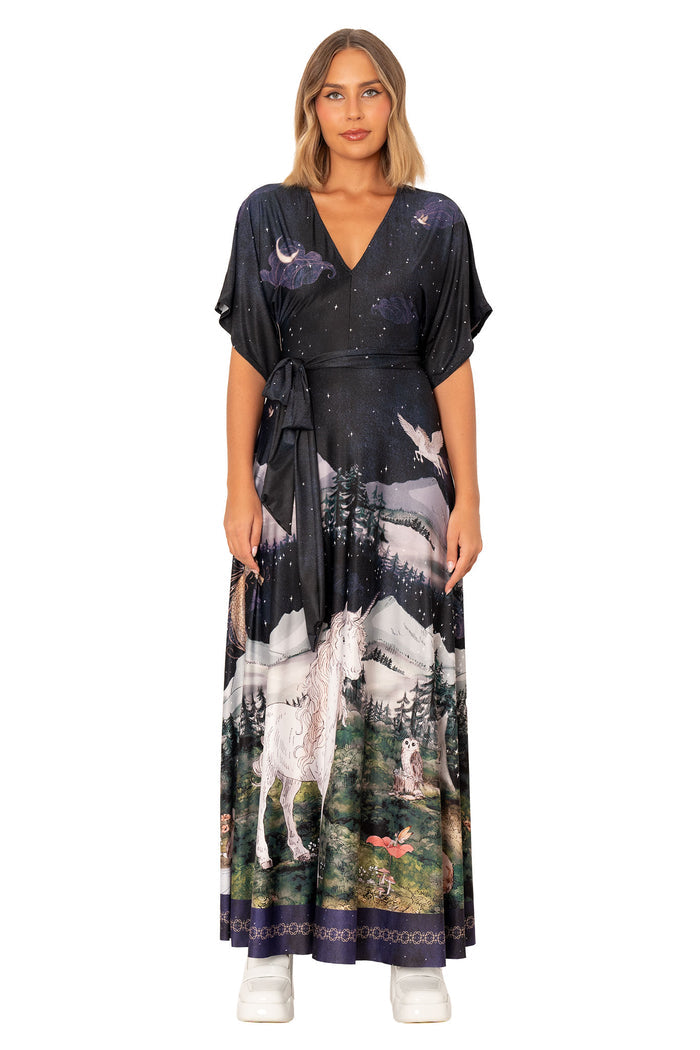 Enchanted Kimono Maxi Dress front product image showing full length drape, wrap silhouette and magical woodland inspired print