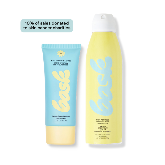Blue squeeze tube and yellow spray bottle labeled 'bask', front view of two sunscreens.