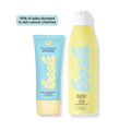 Blue squeeze tube and yellow spray bottle labeled 'bask', front view of two sunscreens.