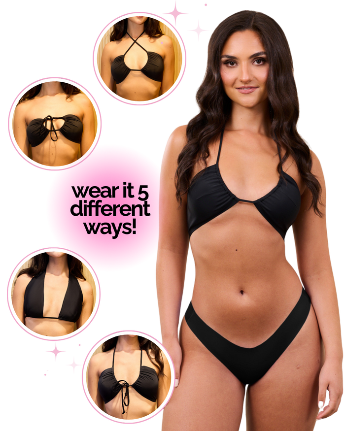 Front view of Foxon Multi-Way Bandeau Bikini Top showing five tie styles on a model with inset examples and text Wear it 5 different ways