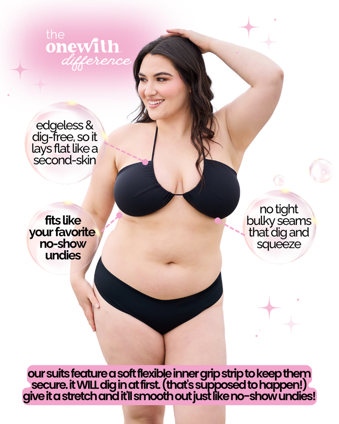 Front view of Foxon Multi-Way Bandeau Bikini Top showcasing its edgeless, dig-free fit and inner grip strip on a model