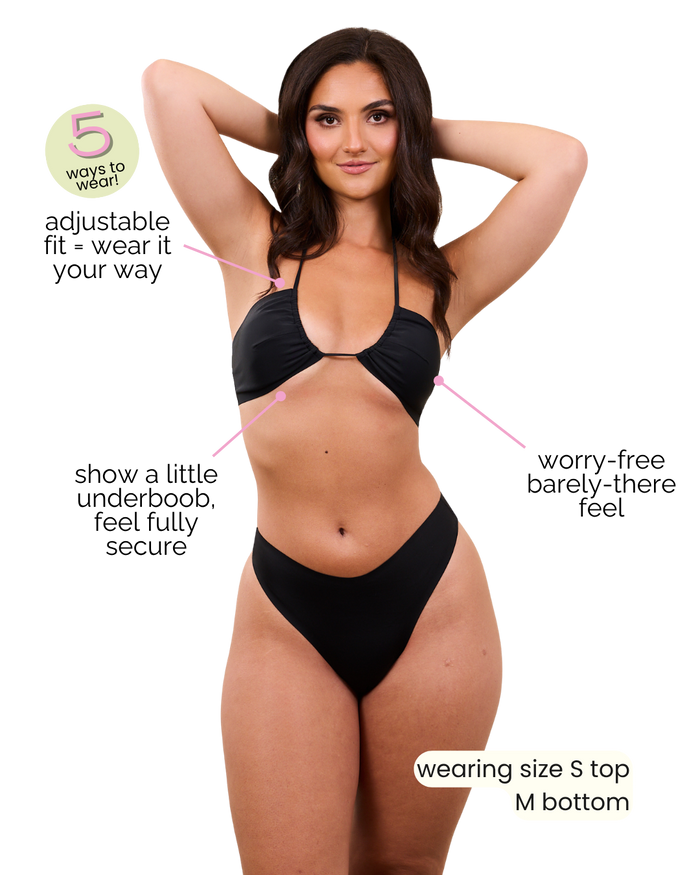 Woman wearing a black bikini with text describing features on a white background