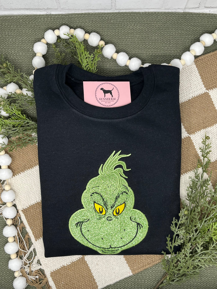 GLITTER GREEN MONSTER APPLIQUE Embroidered T-shirt or Sweatshirt