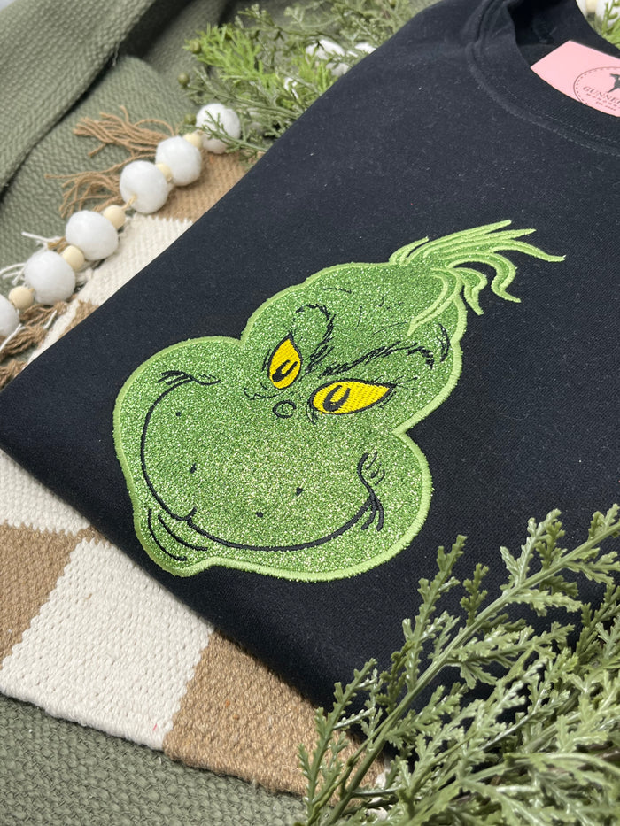 GLITTER GREEN MONSTER APPLIQUE Embroidered T-shirt or Sweatshirt
