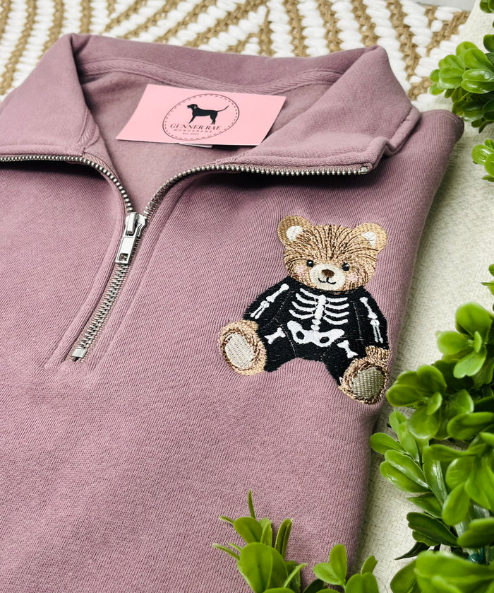 HALLOWEEN SKELETON BEAR Embroidered 1/4 Zip Sweatshirt