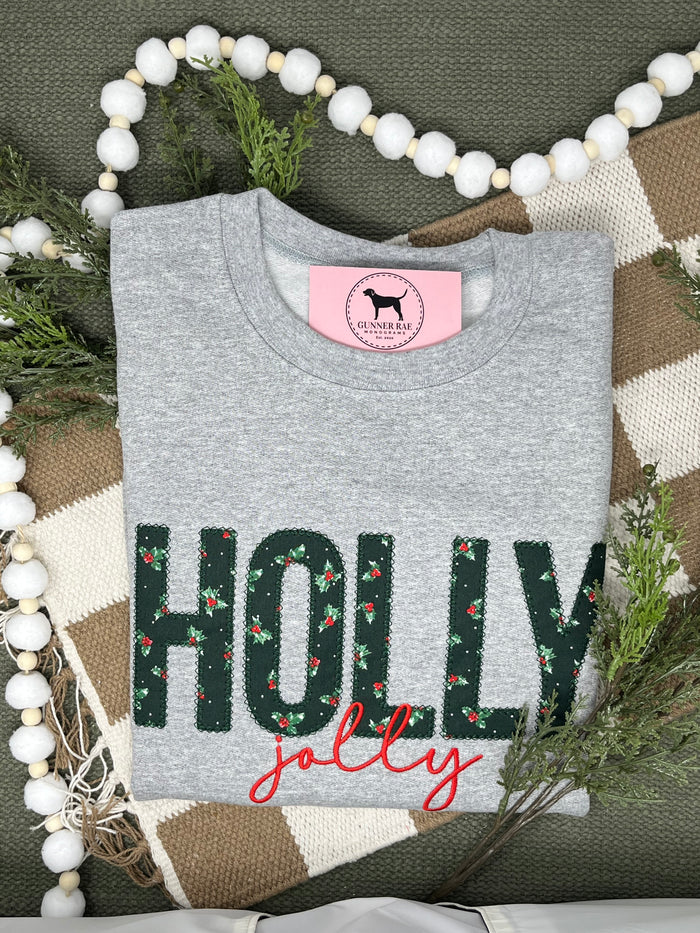 HOLLY JOLLY APPLIQUE Embroidered T-shirt or Sweatshirt