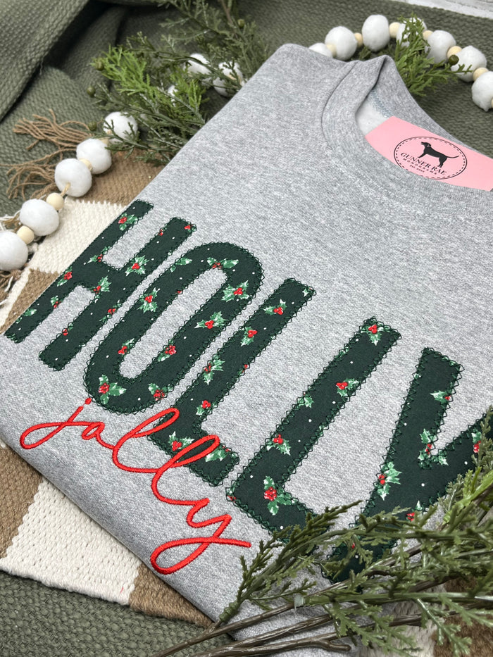 HOLLY JOLLY APPLIQUE Embroidered T-shirt or Sweatshirt