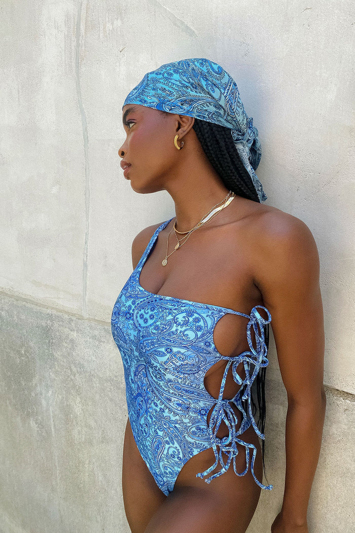 honey blue paisley shine one shoulder cheeky one piece