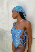 honey blue paisley shine one shoulder cheeky one piece