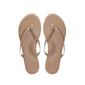 pair of beige thong sandals (flip-flops), top view showing toe-post straps