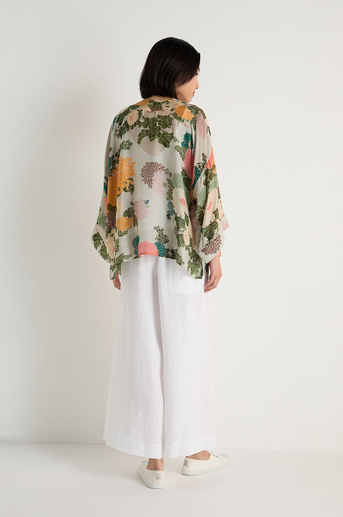A person faces away, wearing the Jacquard Kimono—sheer with a floral print—over a white dress and white shoes against a plain light background.