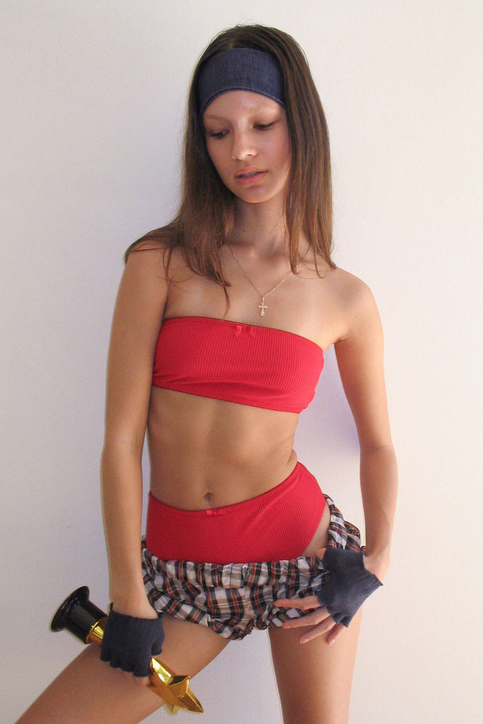 Jada Ribbed Bandeau Bikini Top Crimson