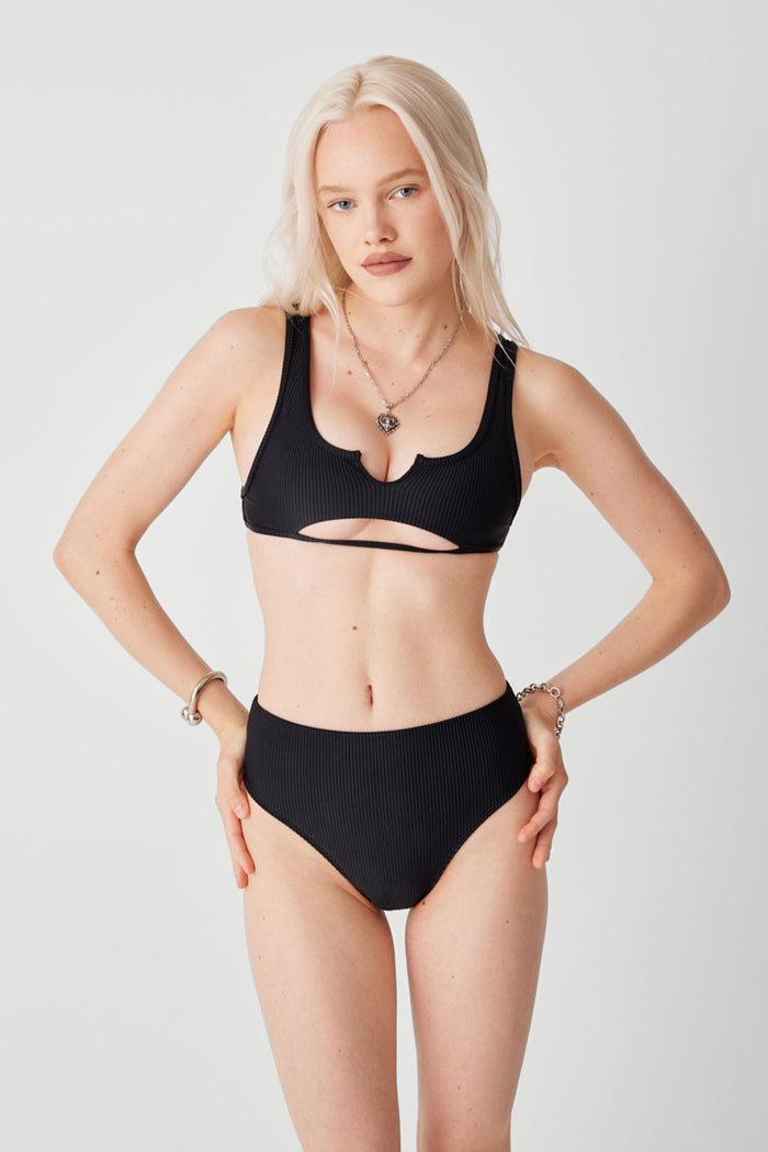 Jenna Ribbed High Waist Bikini Bottom Black