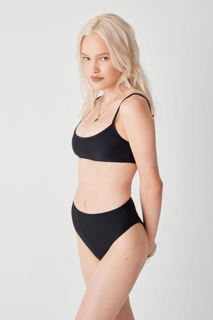 Jenna Ribbed High Waist Bikini Bottom Black