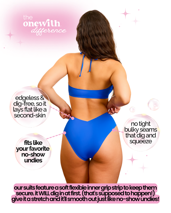 Feature graphic showing Jennings bikini bottom’s edgeless fit, no tight seams, and flexible inner grip strip