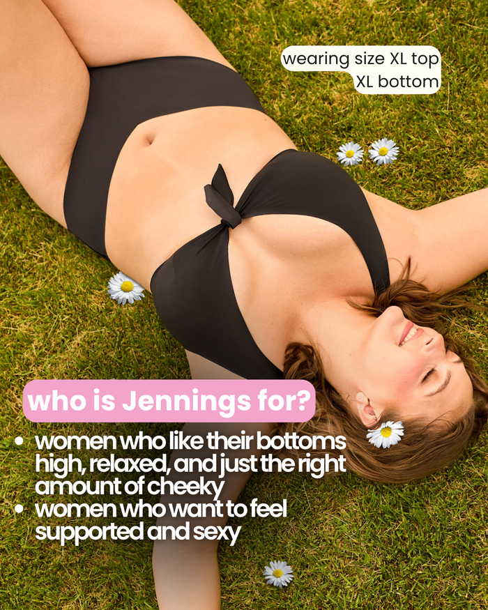 Woman in black Jennings bikini lying on grass, wearing size XL top and bottom; text asks who Jennings is for